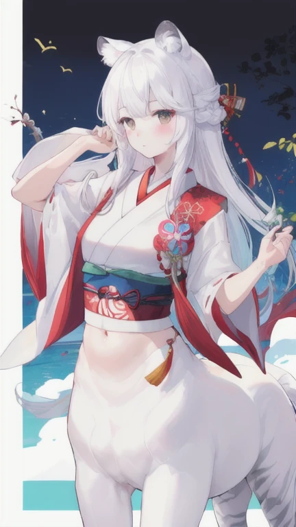 (best quality, masterpiece), 1 girl, centaur, It takes, White skin , Japanese , belly button t-shirt, 아름다운 소녀 perfect white tiger photo, perfect white tiger photo