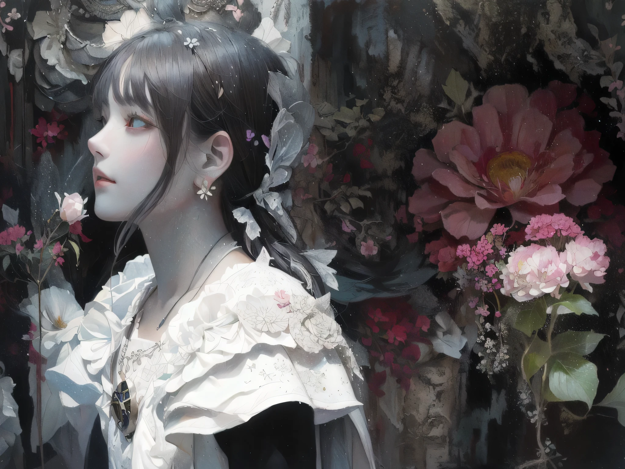 there is a girl that is standing in front of a flower, Mixed Media Photography, flower, Digital Collage, oil painting,