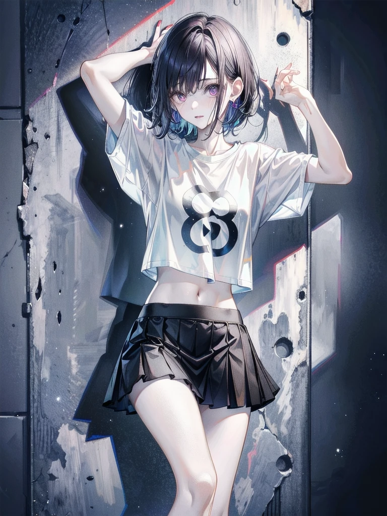 whole body, perfect body, pale skin, 20 years old, tearful mole, earring, short medium hair, wavy hair, tight skirt, cropped T-shirt, Leaning against wall, arms up behind,