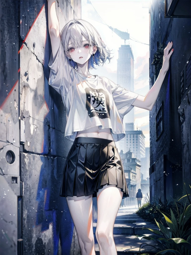 whole body, perfect body, pale skin, 20 years old, tearful mole, earring, short medium hair, wavy hair, tight skirt, cropped T-shirt, Leaning against wall, arms up behind,