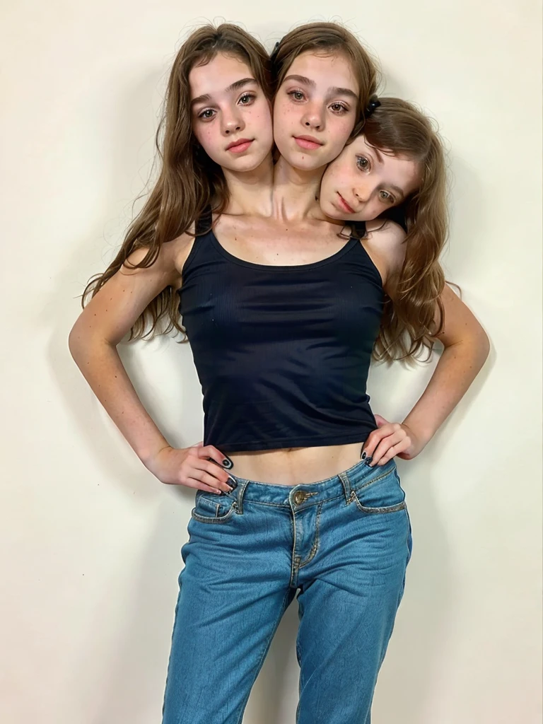 3heads, three headed girl, (one head girl and one head 30 year old woman:1.5), (one head 12 year old