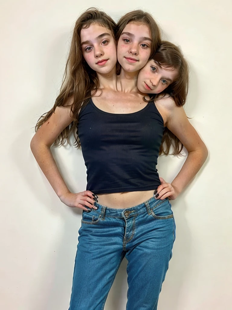 3heads, three headed girl, (one head girl and one head 30 year old woman:1.5), (one head 12 year old