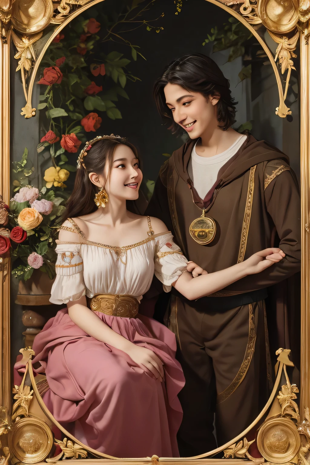 Giorgione painting style,Arguments of two female Philosophe,math、astronomical machine、astronaut、roses in vase、fruits、Cute trinkets、smile、ancient greek costume、Background is a forest lake at night 、Clothes that stretch your shoulders、A big smile、beautiful bare skin、A detailed representation of the seducing woman throughout her body.