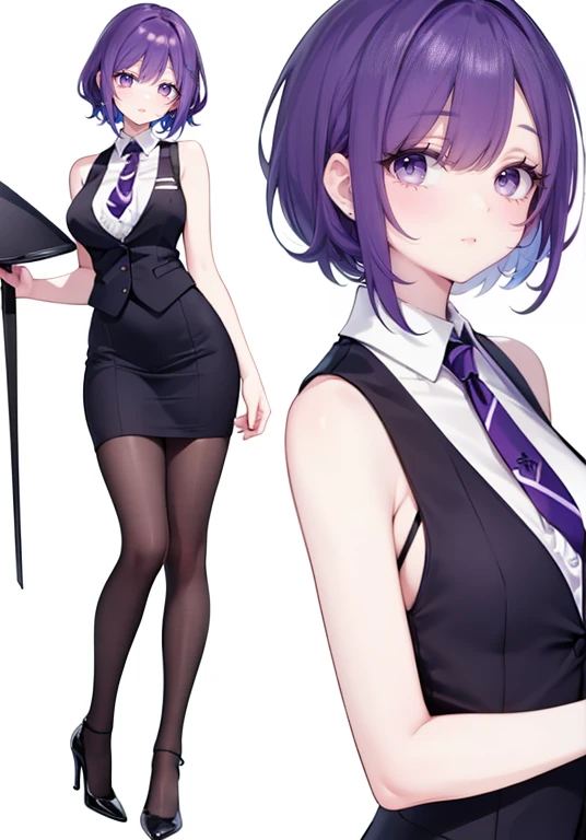 ((Perfect Face)),Purple Hair,short hair,1 female,bartender,,Black vest,tie,High heels,,((Simple White background)),((smile)),((full body)),((whole body)),Portraits,virtual,upright,