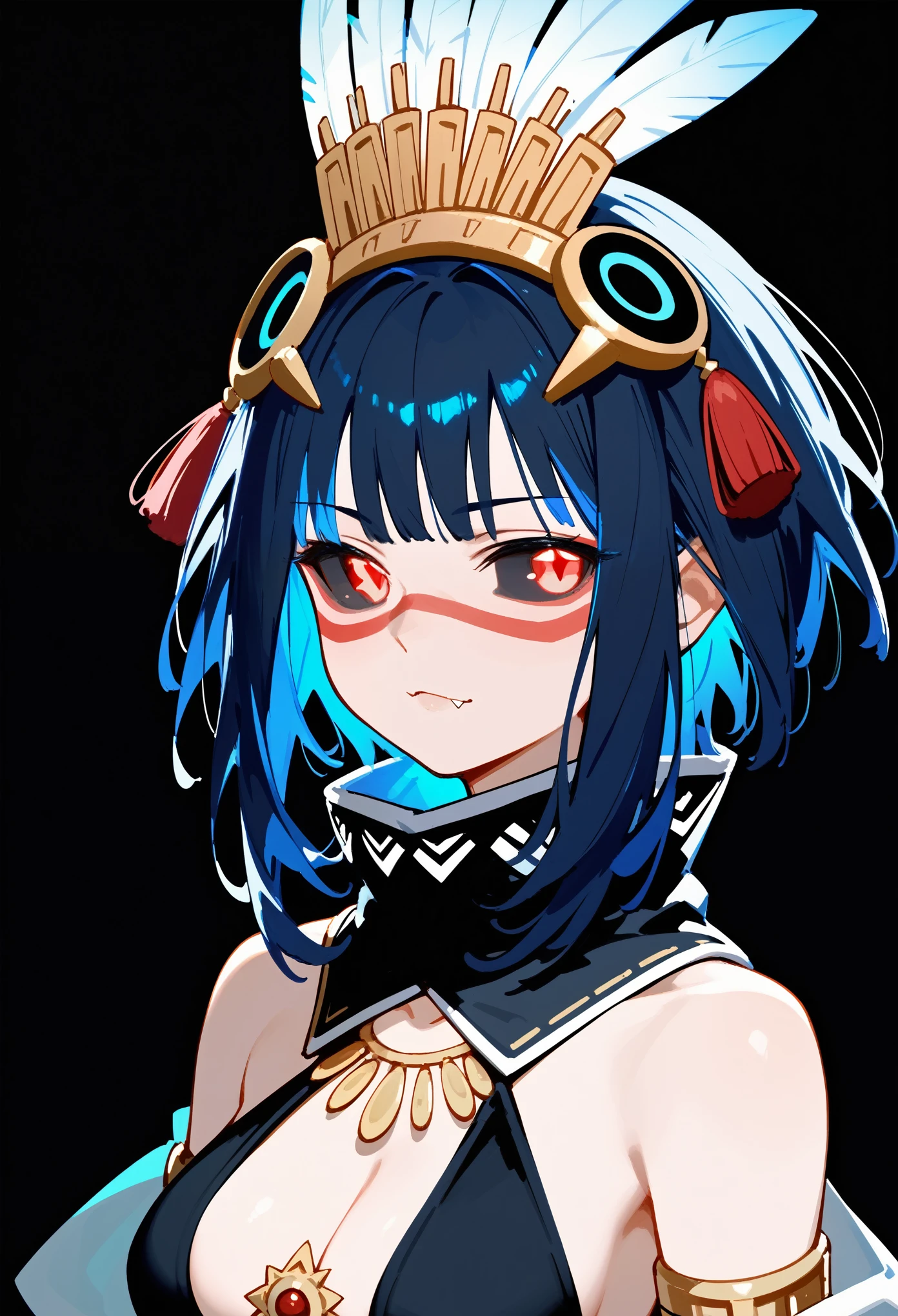 upper body, 1girl, solo, black sclera, red eyes, glowing eyes, split pupils, short hair, black hair, sidelocks, inner blue hair, eyeliner, feathers, headdress, facepaint, jewelry, bracer, tassel, high collar, detached collar, sash, halterneck, cleavage, bare shoulders, neutral, portrait, fang, black background, simple background, masterpiece, score_9, score_8_up, score_7_up, style_1