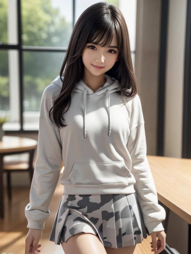 (8k, RAW Photos, highest quality, Tabletop:1.2), (Realistic, Photorealistic:1.4), (Highly detailed 8k wallpaper), Sharp focus, Depth of written boundary, Blur the background, Bokeh, Cinema Lighting, Soft Light, (whole body), 1 girl,18 years old famous Japanese idol, Perfect female body, indoor, (White and grey camouflage hoodie and black micro mini pleated skirt : 1.3), (Long, slender legs), (smile), Glossy lips, Beautiful fine details,Natural Makeup, Shiny, smooth, light brown medium-long hair, Asymmetrical bangs, Shiny skin, Center image, High resolution, Attention to detail, Detailed hairstyle, Detailed face, 素晴らしいCinema Lighting, Octane Rendering, Vibrant, Ultra-realistic, Perfect limbs, Perfect Anatomy