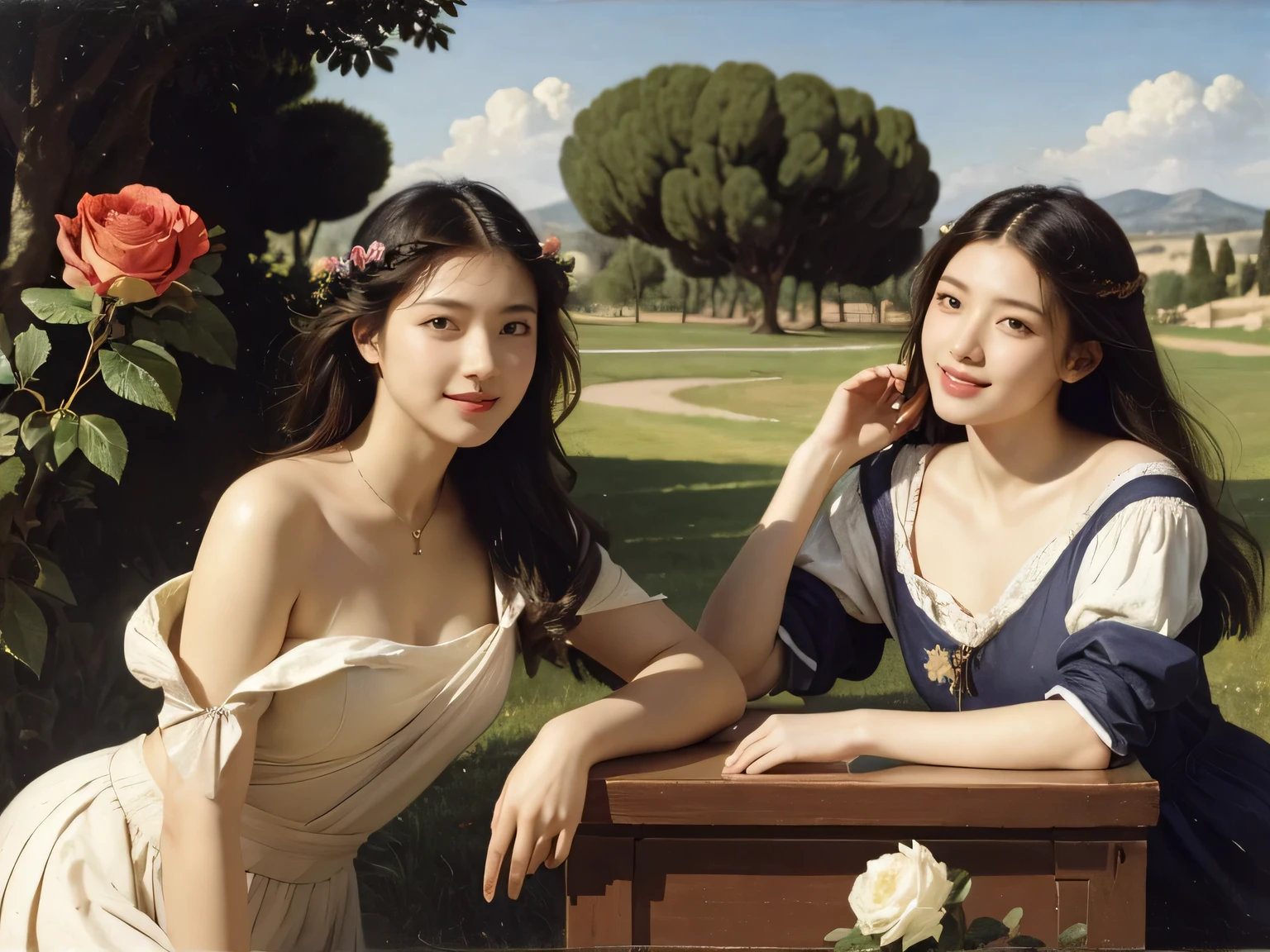  full body portrait or statue、Giorgione painting style,Arguments of two female Philosophe,math、astronomical machine、astronaut、roses in vase、fruits、Cute trinkets、smile、ancient greek costume、Ancient Roman landscape in the style of Nicolas Poussin,laughter,,Sweet and seductive appearance.、Caravaggio's paintings、Chiaroscuro of Caravaggio、hair tousled by the wind,Two women frolicking,cute smile, expression of ecstasy,Sexy,erotic