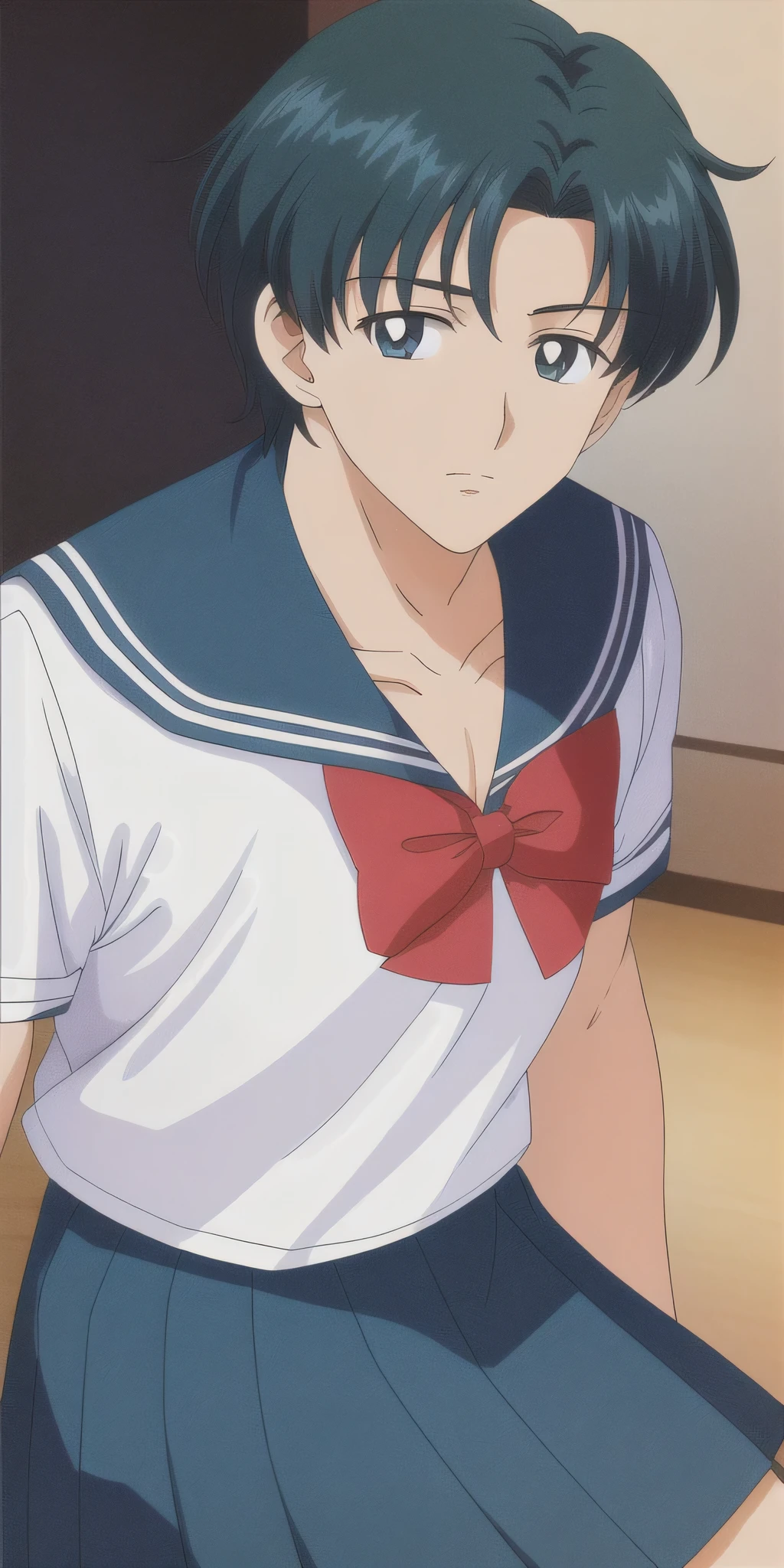 Mizuno Ami as a boy、Sex change、Sex change(Woman to man)、gender swap、genderbend、Are standing、Anime Boys、solo、Short green hair、Green eyes、School uniform_green_Sailor collar_green_Pleated skirt_white_shirt__red_bowtie、masterpiece、highest quality、Detailed face、Fine grain、High resolution、Male focus、handsome atmosphere、masculine atmosphere、looking at viewer、Cowboy Shot、(male body:1.7)、