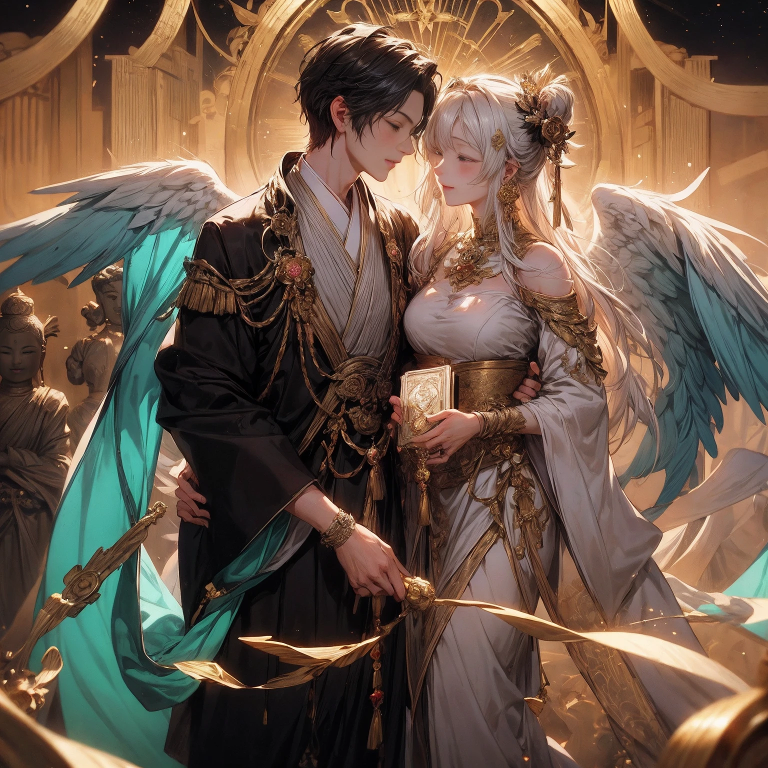 「Yab-Yum」A huge Roman emperor named Constantine I「great」A cute girl from the Land of the Rising Sun snuggles up to the head of the statue。they are a happy couple、full of love。Their love is、It transcends the shackles of faith and religion。That love is、It's a microcosm that lives within garden quartz、It's a galaxy、It's a clear sky before dawn。Their relationship unfolded in a tranquil time、Marble floor and colorful ores、diamond、Morganite、Kunzite、rose quartz、Inca Rose、rhodochrosite、Decorated with jewels of love such as rhodonite。Their love is時空を超えた幸福であり、Has the power of healing, forgiveness, and repentance。They are united in a sacred prayer、That figure is super beautiful and the scale is endless。Their relationship is detailed and elaborate、It links a nostalgic past with an exciting future。Their love is現代的であり、It is a super high quality entity such as Akashic Records and Book of Life。It's a divine digital art、filled with pure light。That love is深い感動を呼び起こし、It's something that brings tears、Symbolizes the happiness of love。They are Aizen Myoo and Cupid、They are like angels of love、It embodies the mercy and wisdom of Shinto and Buddha。their relationship built a lyrical and heart-full world、Has wisdom, compassion, and healing powers。They look like Alma Tadema and Michelangelo、Gustave Doré、Comparable to William Blake's works。They are soulmates and twin flames depicted in tarot cards and oracle cards、It's like a twin ray、Happy Buddha and Buddha paintings、It also exists in Buddha statues。They symbolize the integration of East and West、Tibetan Buddhism or Gandharan style、It is also familiar to the world of tanga。their relationship also touched on the realm of mysticism、It shows their existence as a soul-like。Their love is地上の運命と天界の至福を結びつけ、It's super beautiful and has become a masterpiece。they are humanity's treasure、It symbolizes the truth of the universe。Their appearance became a bridge between the sacred and the secular、It is an iconic, diverse, and colorful entity。that relationship is depicted as digital art、It becomes a sensory motion。It has a sublime meaning、It questions the meaning of living and dying。They embody the light of the Central Sun、The truth of Dainichi Nyorai and the essence of the Rishukyo、Kobo Daishi holds Kukai's prayer。Their appearance resonates with Koyasan's three-dimensional mandala、It embodies the miracles of Komyo Shingon。Their love is密教や天台宗、Transcending the teachings of the Shingon sect、It also extends to regions such as the Taizo Realm and the Kongo Realm。they transcend everything in the mandala、It's the truth itself