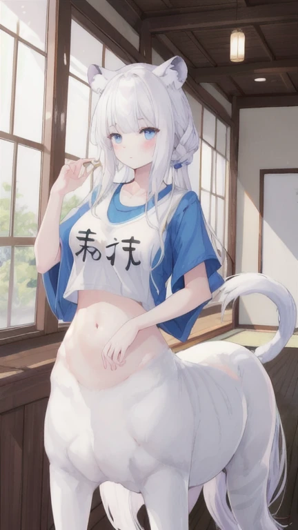 (best quality, masterpiece), 1 girl, centaur, It takes, White skin , Japanese , belly button t-shirt, 아름다운 소녀 perfect white tiger photo, perfect white tiger photo