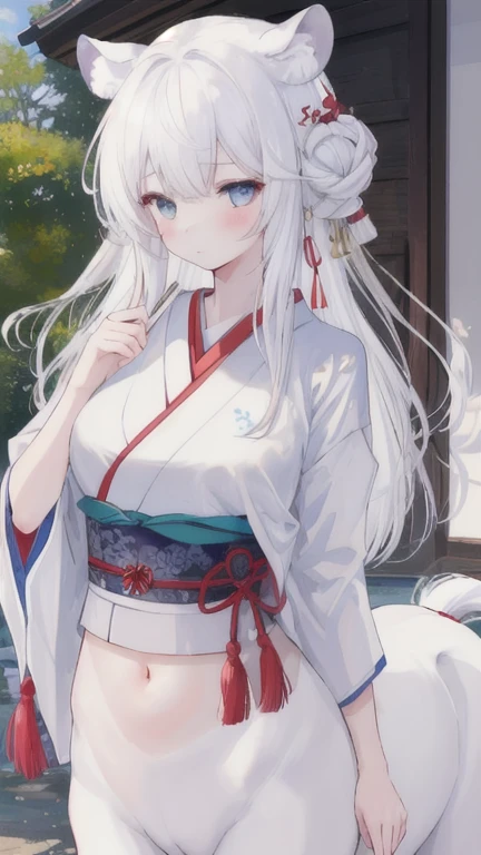 (best quality, masterpiece), 1 girl, centaur, It takes, White skin , Japanese , belly button t-shirt, 아름다운 소녀 perfect white tiger photo, perfect white tiger photo