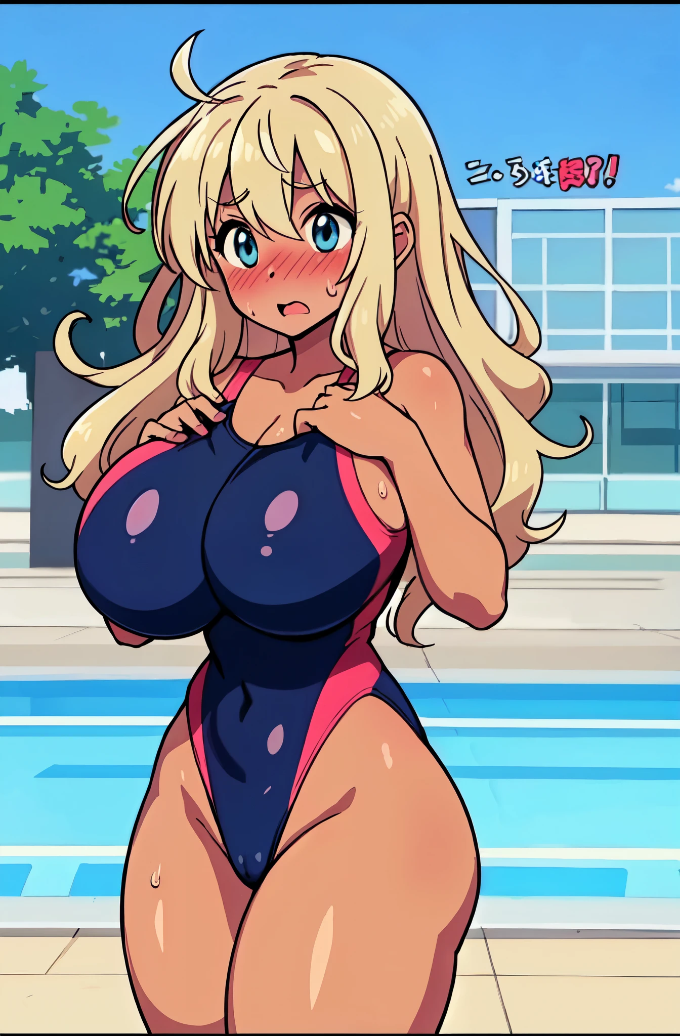 ((Table t○p, highest quality, Hi-Res Lucifer,Anime Screen Capture、Pixel Perfect, 8k, Browsing Caution)))、Perfect Anatomy、((((Brown Skin))))、(((Gal、Huge breasts、Wide Hips、Wide ass)))、(((Navy Blue Competitive Swimsuit)))、Jumping、Sweat, vapor,(blue eyes)、((Blonde、long hair、Wavy Hair)),  ((((surprised、Embarrassing、blush))))、(city)、From below