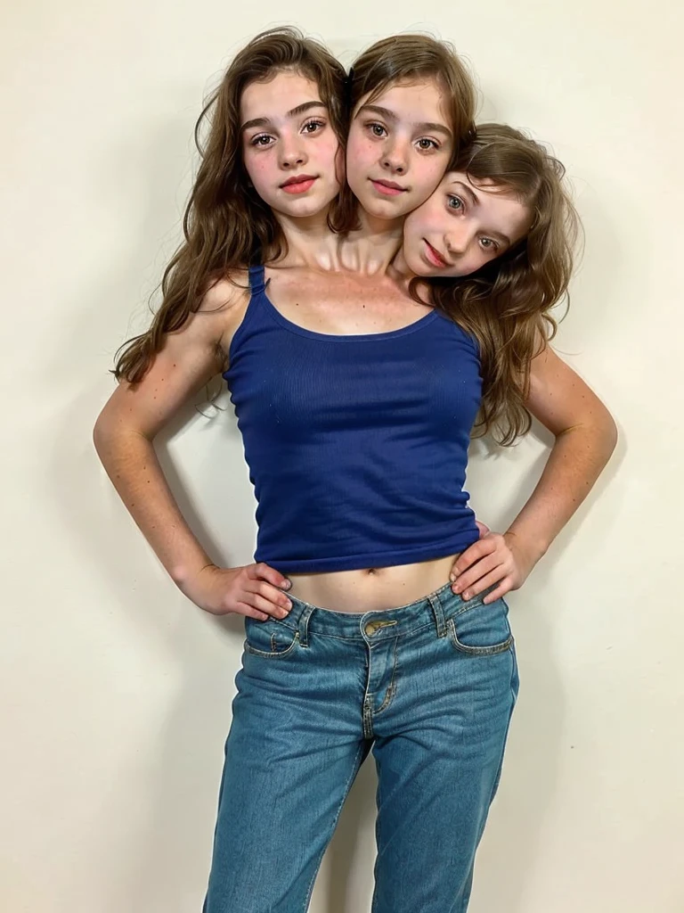 3heads, three headed girl, (one head 13 year old girl:1.5), (one head 10 year old girl:1.5), (one head 40 year old woman:1.5)