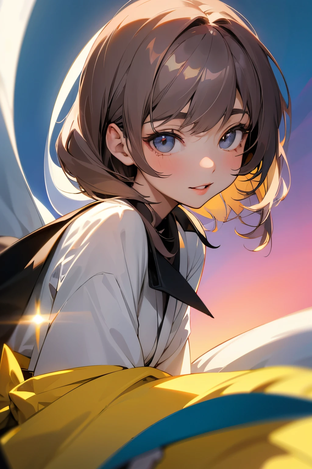 Beautiful Japanese Woman, Soft skin and a nice perfect face, A small face with a nose and rosy lips, Beautiful Eyes, Beautiful smile. black, Surrounded by a bright, ethereal glow、Thin, long, beautiful hair. A loose, medium hairstyle with gradation highlights and grey layers, Navy band collar shirt x yellow houndstooth flare skirt, Bright neon colorful background, Hyperrealistic female photos, High quality high resolution 8K masterpiece