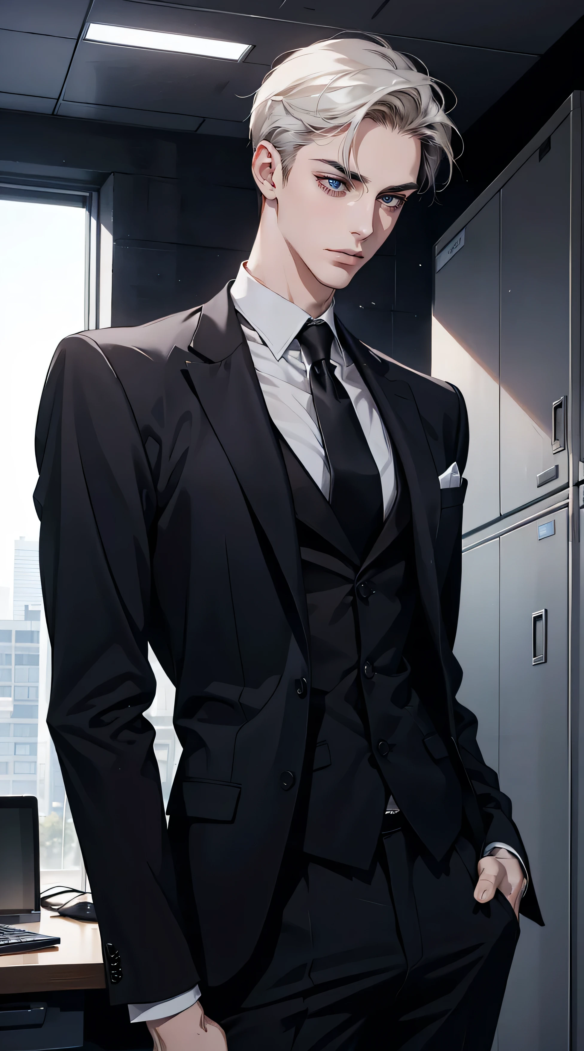 masterpiece), best quality, expressive eyes, perfect face, male, 1male, suit, casual wear, sharp jawline, handsome, pale skin, tall, slender, black suit, zoomed in, office background