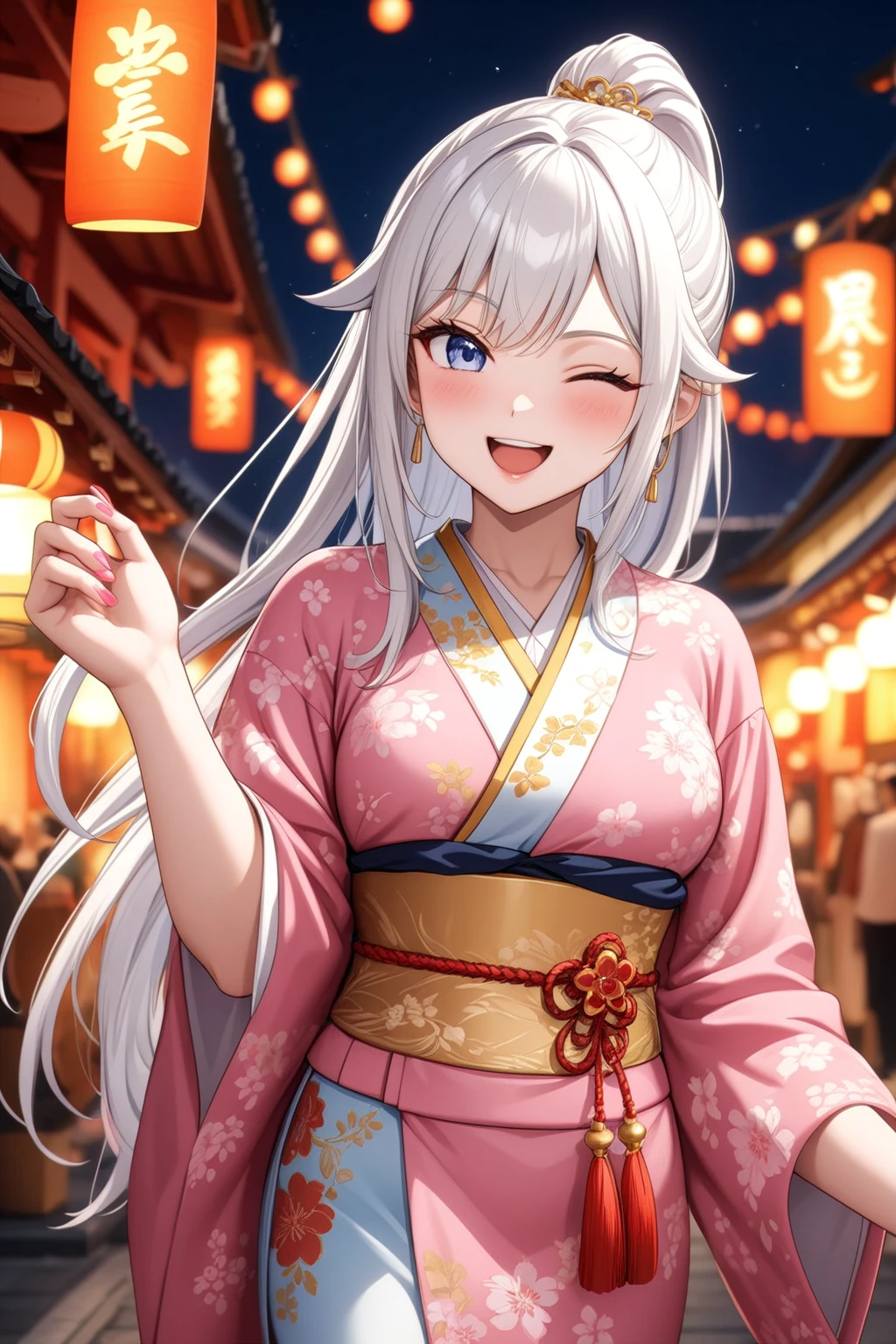 ((one personの女性)), Beautiful Face,Happy expression,Laugh embarrassedly,((Wink:2.0)),turn bright red,Glossy pink lips,French Nails,night,Shrine festival sexpensives,firework, ((Anime style background)),masterpiece, highest quality, so beautiful, Latest, Complex details, (Pink long nails),AI-generated, Complex,High resolution, highest quality, super high quality,3D Images、View your viewers、3D Images,one person,Long white hair,High Ponytail,blue eyes,Anime woman posing for a photo, [[Fine grain、Colorful eyes、Shining Eyes:1.15]],(Squint your eyes:1.1),a hyperRealistic , hyperRealistic , Realistic,Long haired white hair anime woman, Smooth anime CG art, A woman in a colorful kimono with gold embroidery, (Black kimono),Red floral pattern,Long flower hair ornament,Big earrings,Choker with charm,(Big Breasts:1.4),Mature Body,expensive,Big Ass,Fine details,Tight waist,Abdominal muscles,Shooting at an angle,Tilt your face