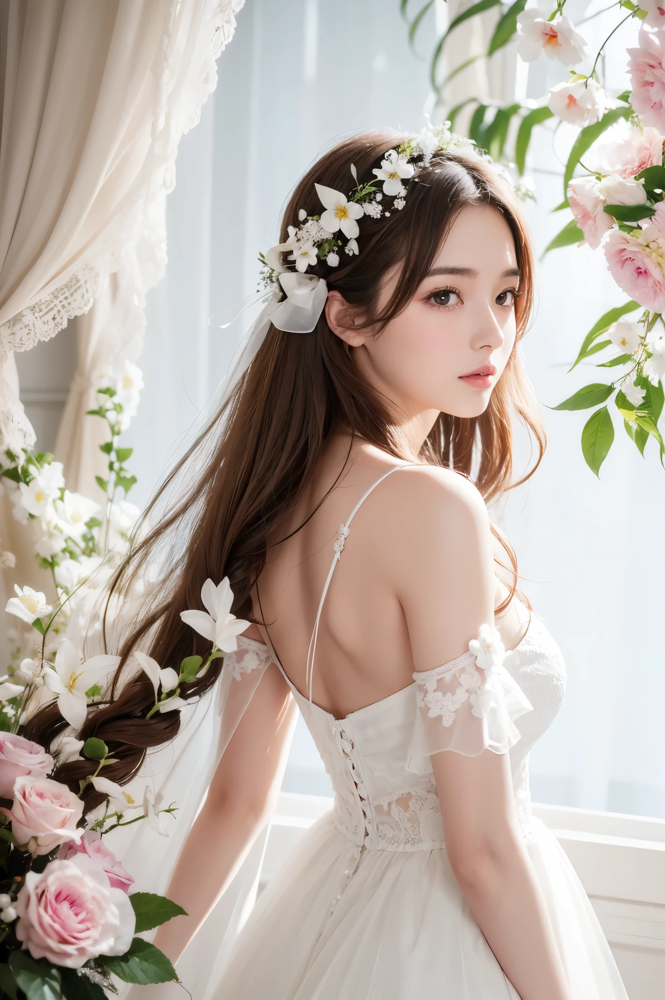 1girl, long hair, flower, in the style of white and light camisole, dreamy and romantic compositions, white, ethereal foliage, playful arrangements, fantasy, high contrast, ink strokes, over exposure, pink and white tone impression, abstract, attractive pose,