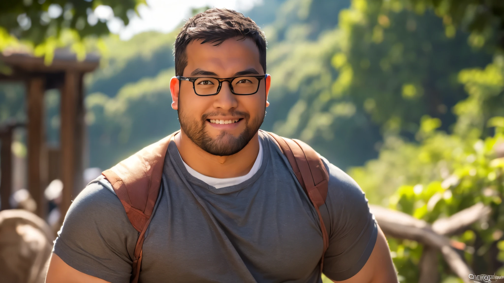 An award-winning original photo, a handsome 35-year-old man, crew cut, full body, mature man, [slightly fat], asian, brown eyes, glasses, (slightly balding), 1boy, Solo, (big shoulder), stubbles, (Short beard), Dynamic Angle, volumetric lighting, (Best quality, A high resolution, Photorealistic), Cinematic lighting, Masterpiece, RAW photo, Intricate details, hdr, depth of field, landscape, Bear ears，big nostrils，blacksmith。