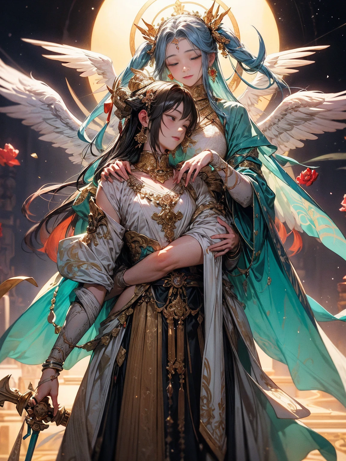 「Yab-Yum」A huge Roman emperor named Constantine I「great」A cute girl from the Land of the Rising Sun snuggles up to the head of the statue。they are a happy couple、full of love。Their love is、It transcends the shackles of faith and religion。That love is、It's a microcosm that lives within garden quartz、It's a galaxy、It's a clear sky before dawn。Their relationship unfolded in a tranquil time、Marble floor and colorful ores、diamond、Morganite、Kunzite、rose quartz、Inca Rose、rhodochrosite、Decorated with jewels of love such as rhodonite。Their love is時空を超えた幸福であり、Has the power of healing, forgiveness, and repentance。They are united in a sacred prayer、That figure is super beautiful and the scale is endless。Their relationship is detailed and elaborate、It links a nostalgic past with an exciting future。Their love is現代的であり、It is a super high quality entity such as Akashic Records and Book of Life。It's a divine digital art、filled with pure light。That love is深い感動を呼び起こし、It's something that brings tears、Symbolizes the happiness of love。They are Aizen Myoo and Cupid、They are like angels of love、It embodies the mercy and wisdom of Shinto and Buddha。their relationship built a lyrical and heart-full world、Has wisdom, compassion, and healing powers。They look like Alma Tadema and Michelangelo、Gustave Doré、Comparable to William Blake's works。They are soulmates and twin flames depicted in tarot cards and oracle cards、It's like a twin ray、Happy Buddha and Buddha paintings、It also exists in Buddha statues。They symbolize the integration of East and West、Tibetan Buddhism or Gandharan style、It is also familiar to the world of tanga。their relationship also touched on the realm of mysticism、It shows their existence as a soul-like。Their love is地上の運命と天界の至福を結びつけ、It's super beautiful and has become a masterpiece。they are humanity's treasure、It symbolizes the truth of the universe。Their appearance became a bridge between the sacred and the secular、It is an iconic, diverse, and colorful entity。that relationship is depicted as digital art、It becomes a sensory motion。It has a sublime meaning、It questions the meaning of living and dying。They embody the light of the Central Sun、The truth of Dainichi Nyorai and the essence of the Rishukyo、Kobo Daishi holds Kukai's prayer。Their appearance resonates with Koyasan's three-dimensional mandala、It embodies the miracles of Komyo Shingon。Their love is密教や天台宗、Transcending the teachings of the Shingon sect、It also extends to regions such as the Taizo Realm and the Kongo Realm。they transcend everything in the mandala、It's the truth itself