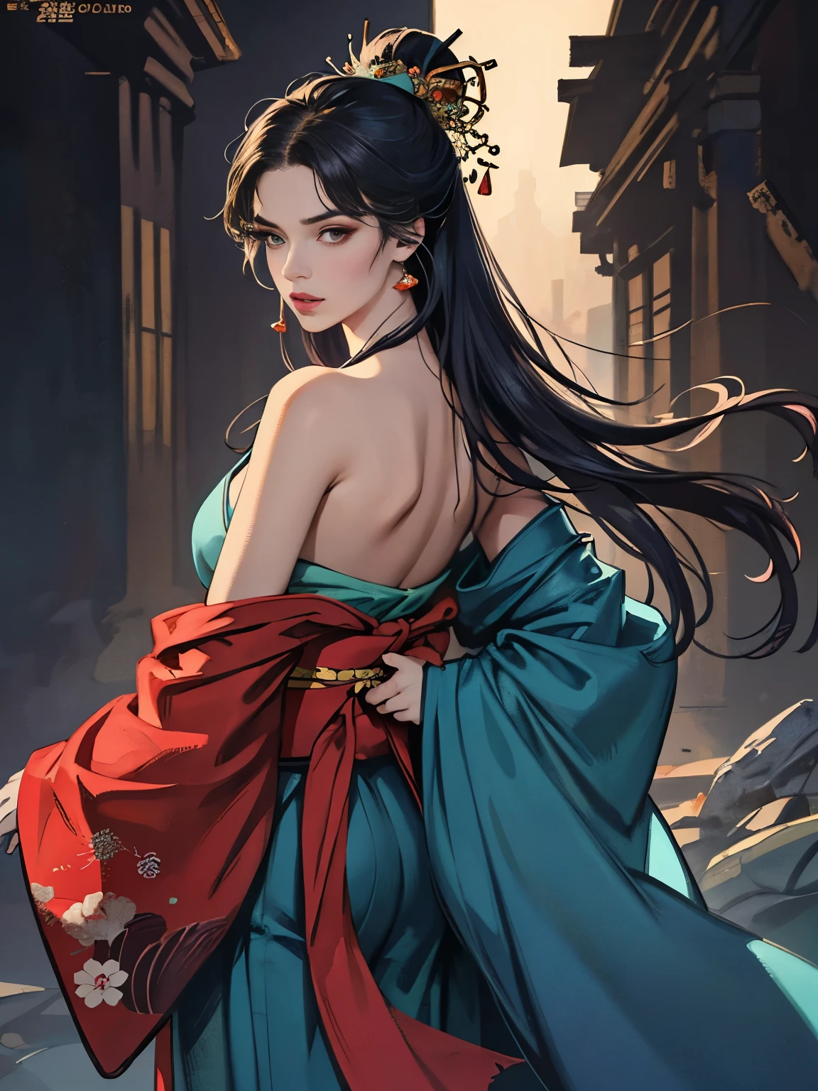 Japanese style、One girl、Princess、Confused、Worried look、long flowing hair、Beautiful and detailed eyes、Beautiful and detailed lips、Beautiful hair ornament、Traditional Japanese Kimono、Intricate details、Dramatic lighting、Cinematic、Fantasy、Digital Art、Extremely detailed、8k、masterpiece、Photorealistic、Dramatic colors、Cinematic照明