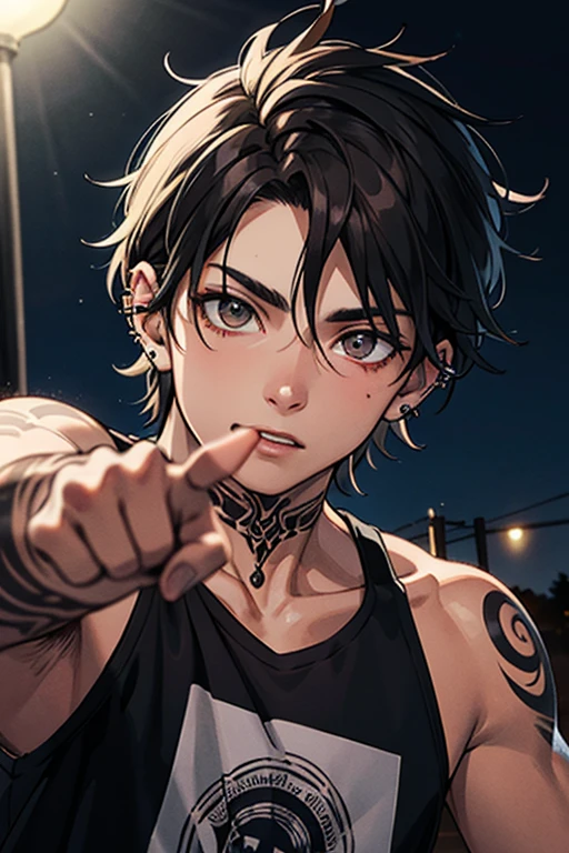 Grunge punk 18 year old Guy with extremely short black hair pointing up in the front and light brown eyes, at night, piercings and tattoos, black eyeliner, edgy looking