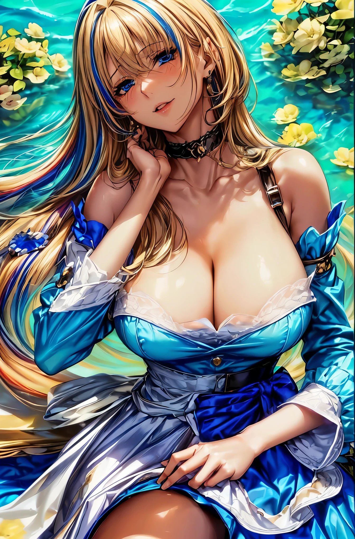solo,human, navel, (masterpiece, best quality), (1girl, mature female, milf, motherly, serval landau, midlle-sized breasts, narrow waist, blonde hair, blue hair, multicolored hair, blue eyes, bangs, hair between eyes, streaked hair:1.4), (maid costume,maid hair band,black pantyhose, blue dress, earrings, choker, thighhighs, navel, skirt, detached sleeves),perfect face,perfect body,clear and detailed face, multicolored hair, blue eyeball, long blonde hair, maid style costume, choker, ssmile, blue eyeball
