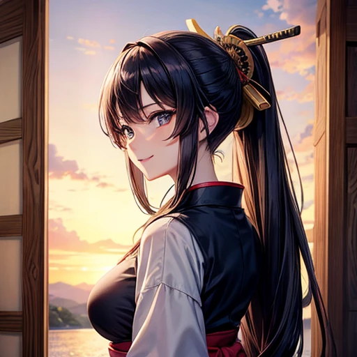 anime,beautiful,girl,samurai、knife、Sunset、Castle、Looking back、slit、Hakama、Beautiful breasts、smile、ponytail