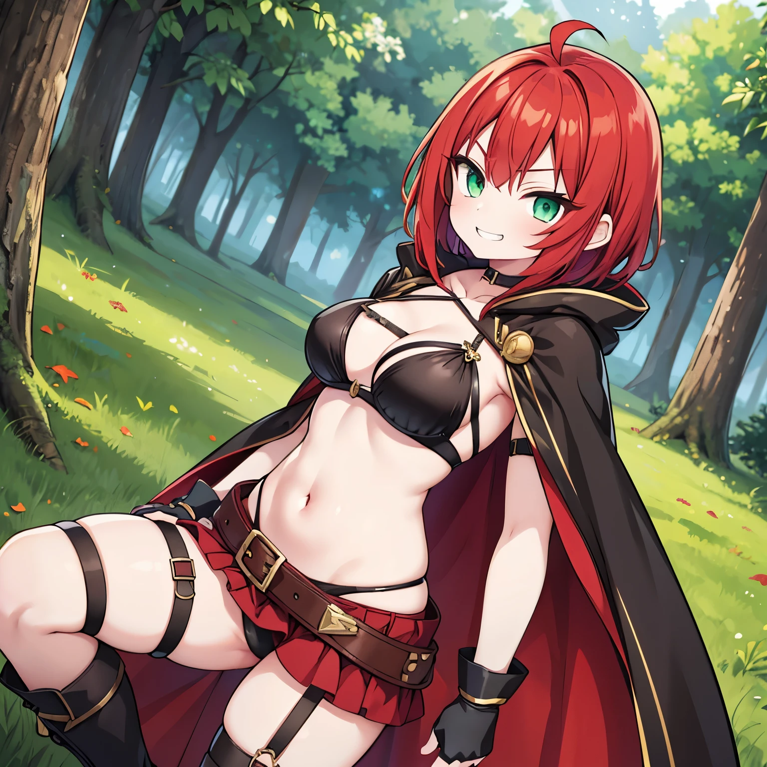 1girl,Skinny,breast small,standing,villain pose, scarlet red hair,hair scarlet red and crimson red hair, medium hair,ahoge,aqua eyes,green eyes,White skin,smug,happy,grin,tunic,hood, bikini armor, cape,thigh strap,boots, medieval armored boots,skirt,earclip,choker,fingerless gloves,leg belt,Forest Background,Medium Shot,Black,Green,Gray,Brown,forest,Leather Armor,Magic Robe,Man POV,Larissa, Demongirl, Amber eyes, Red Hair, Short, Hair, eyeliner, cuerpo completo, view from afar