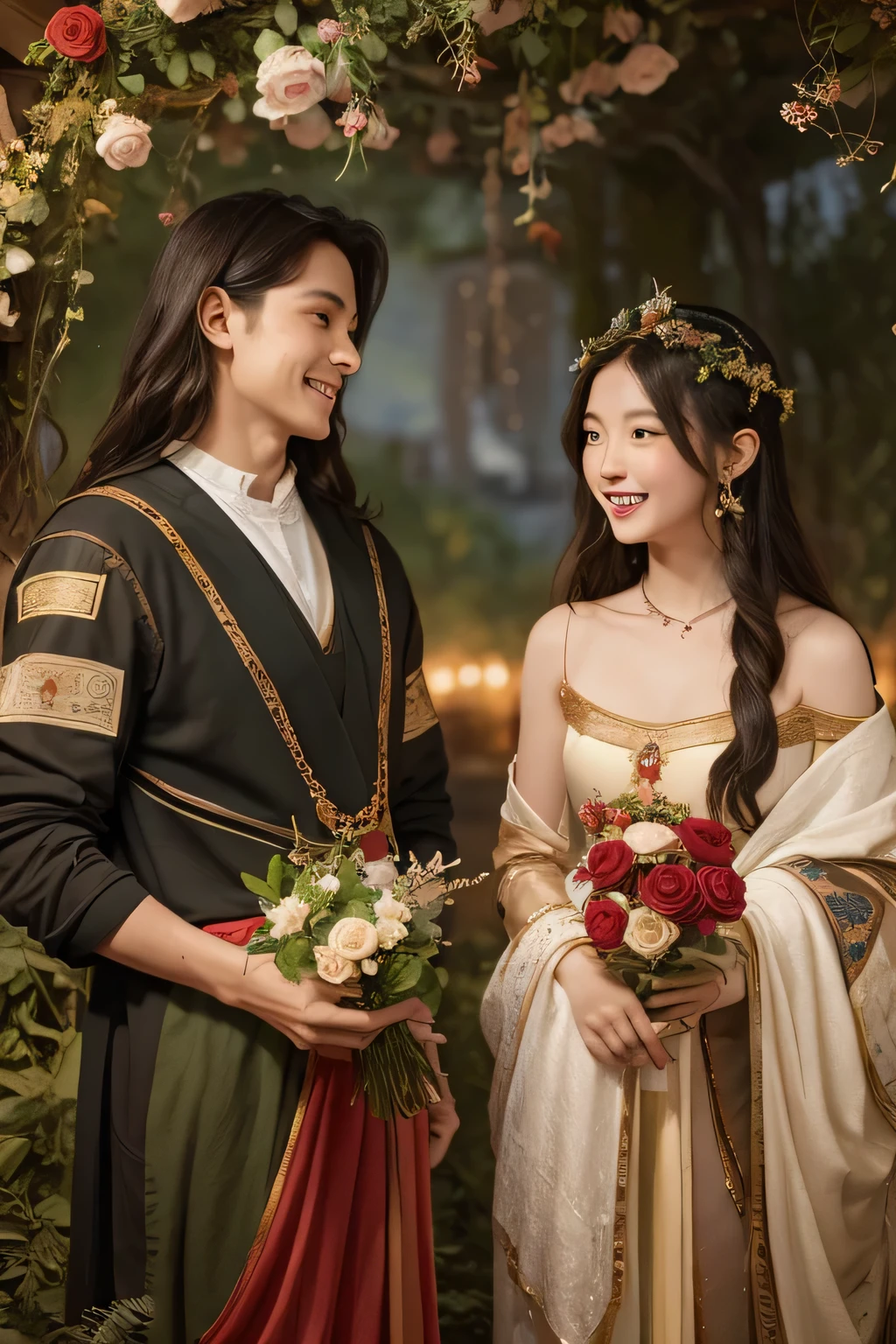 Giorgione painting style,Arguments of two female Philosophe,math、astronomical machine、astronaut、roses in vase、fruits、Cute trinkets、smile、ancient greek costume、Background is a forest lake at night 、Clothes that stretch your shoulders、A big smile、beautiful bare skin、A detailed representation of the seducing woman throughout her body.