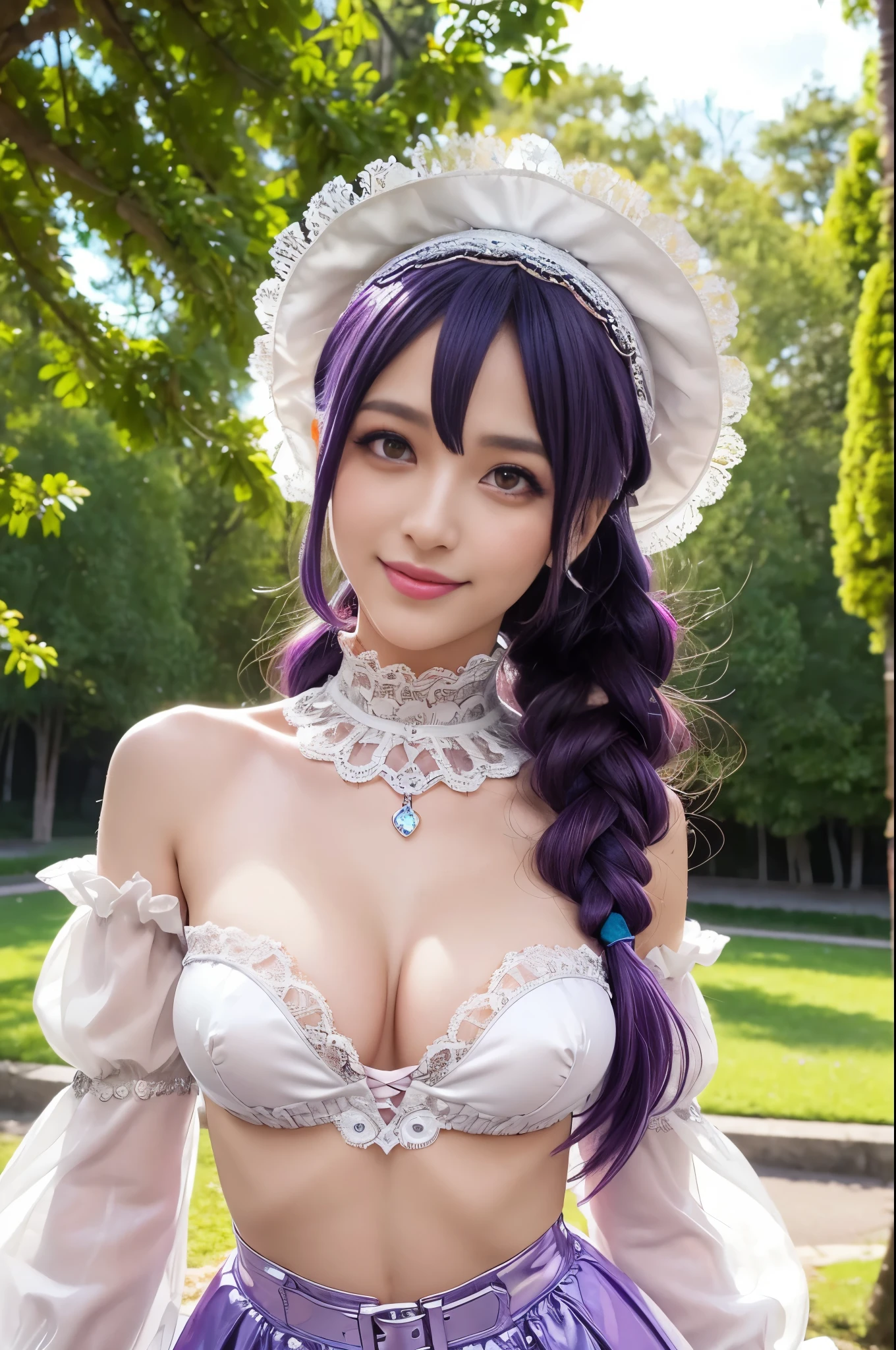 (nsfw), sexy stylish Swedish model, only 1 female, ((doll-like appearance)), long purple stylish hair, ((shiny Victorian-Style boots)), (big smile), ultra detailed eyes, vivid eye makeup, lipgloss, long lashes, defined eyebrows, (small naked breasts), ((sexy Paradise Kiss cosplay)), (naked aroused open pussy), bell-shaped skirt, petticoats, high neckline, puffed sleeves, (( ultra detailed lace)), ((ultra detailed embroidery)), intricate details, Paradise Kiss accessoires and matching headpiece, choker, ((large sparkling Paradise Kiss jewelry)), cinematic light, detailed large park background with trees