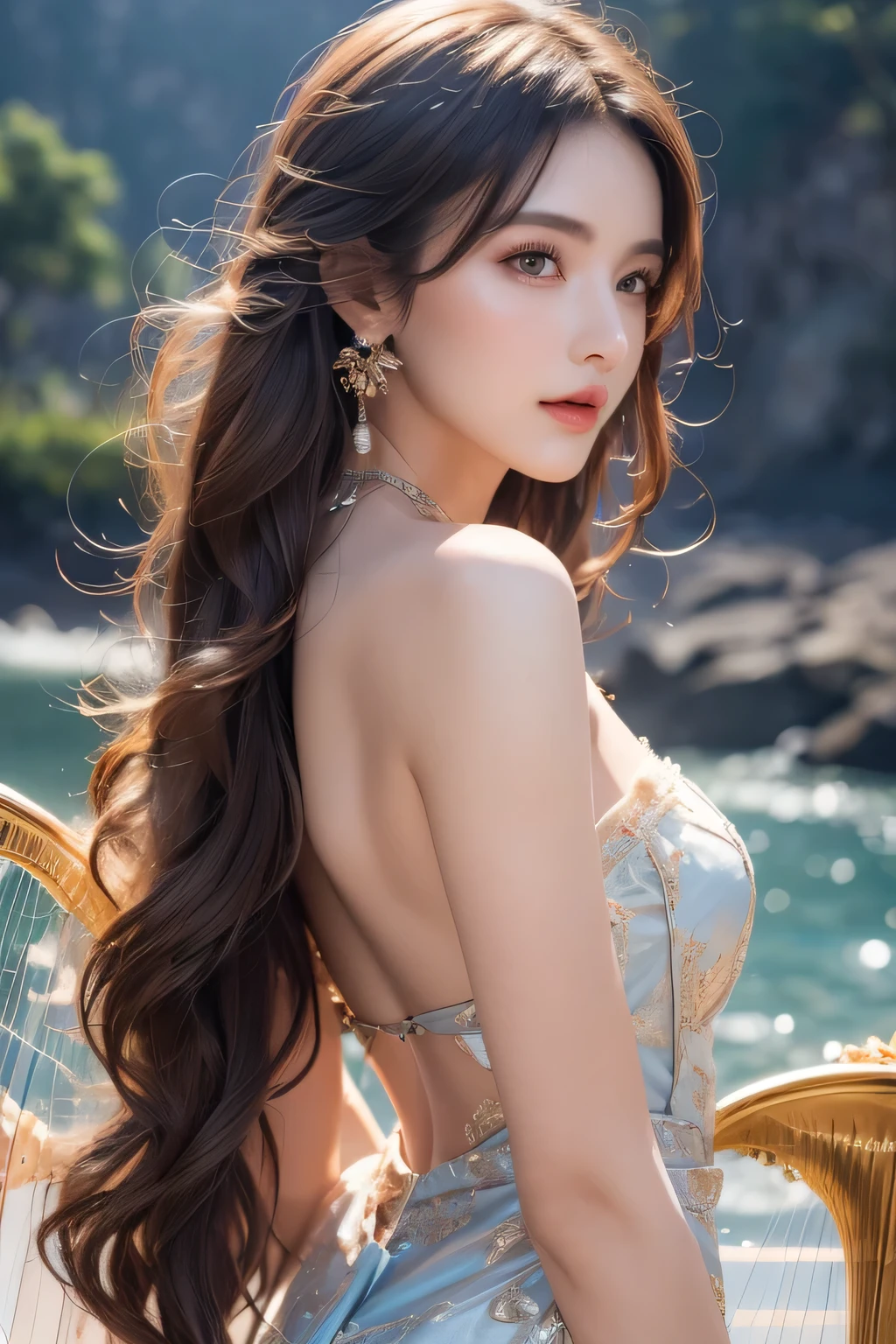 High-quality work,Realistic works,Super premium graphics,8K HD CG works,high quality graphics,High-definition and exquisite CG works,10x pixels,Ultra-fine details:1.1,Advanced technical details:1.1Realistic photo effects,Interior lighting effects:1.5,natural soft light:1.5. Light effect(Virtual light effects:1.8),Ultra-high resolution,shining dress,sliver long hair,silber hair,transparenthair,high detailed hair(Quality hair details:1.1)Clear eyes,Double eyelids look good,Sharp eye makeup, Create exquisite eyelash makeup, tthin eyebrows, Ultra-detailed eyes,a tall nose, lovely red lips, rosey cheeks, With delicate makeup on her face , pretty face, The face shape is perfectly proportioned,(Advanced facial details:1.1) (Extremely meticulous CG),(((8k))),wallpaper,((Extremely refined and beautiful)),(((Masterpiece))),(((best qualtiy))),(((Ultra High Resolution))),beautiful light up,Perfect lightning,realistic shaded,(Smooth and flawless fair skin:1.5),Extremely exquisite facial details,(ultra-detailed:1.5),((a beautiful girl)),(singer:1.2),(medium wavy purple hair:1.2),(small head:1.2),(slender face:1.2),(Exquisite makeup:1.3),(earrings:1.2),(necklace:1.2),(happy:1.2),(laughing:1.2),(perfect body:1.1),(gorgeous Golden embroidered one-shoulder blue Indian gauze dress:1.3),(lace gloves:1.2),(small breasts:1.2),(flat chests:1.2),((slim,thin)),(from back:1.3),(close-up of upper body:1.3),(standing:1.3),(On the cliff by the seaside:1.3),(outdoor:1.2),dark clouds,light shining,(beside the harp:1.3),dynamic lines,notes flying,notes as radiance,confident gaze,elegant posture,mysterious atmosphere,solemn mood,beam of light,deep blue sky,dawn approaching,detailed decorations,(different colors for harp strings:1.2) ,Women's artwork,Dress full body video,Reality,Amazing Cleavage,My eyes are very bright today