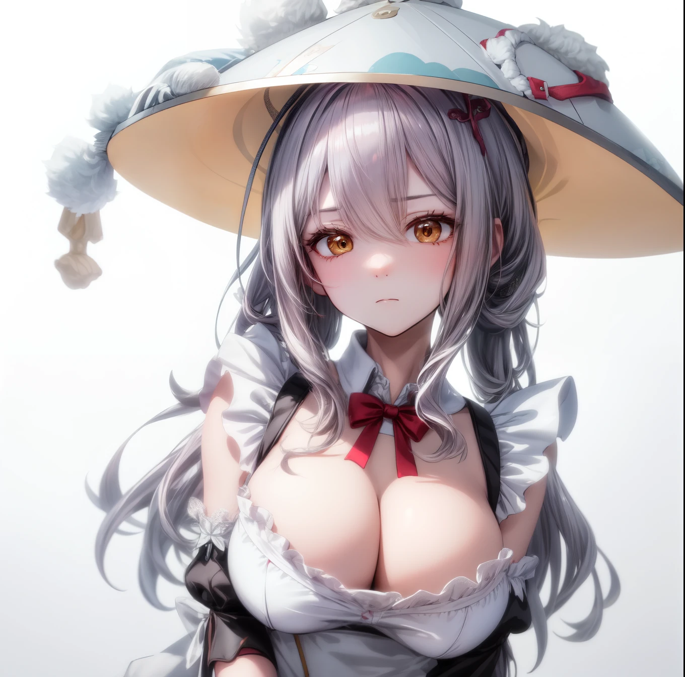 masterpiece, highest quality, scarlet, Grey long hair, Very large breasts、Maid clothes、Hat on head、Grim expression、