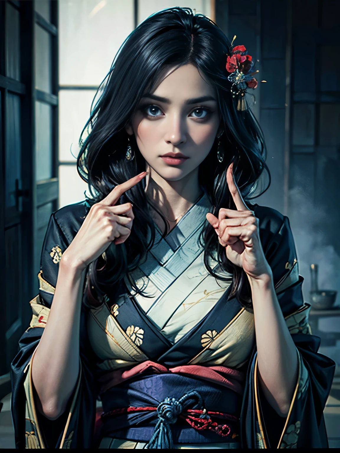 Japanese style、One girl、Princess、Confused、Worried look、long flowing hair、Beautiful and detailed eyes、Beautiful and detailed lips、Beautiful hair ornament、Traditional Japanese Kimono、(Anatomically correct fingers:1.5) 、Intricate details、Dramatic lighting、Cinematic、Fantasy、Digital Art、Extremely detailed、8k、masterpiece、Photorealistic、Dramatic colors、Cinematic照明