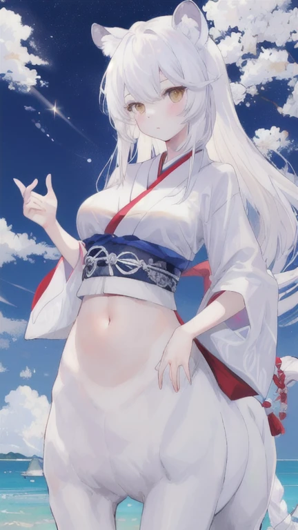 (best quality, masterpiece), 1 girl, centaur, It takes, White skin , Japanese , belly button t-shirt, 아름다운 소녀 perfect white tiger photo, perfect white tiger photo