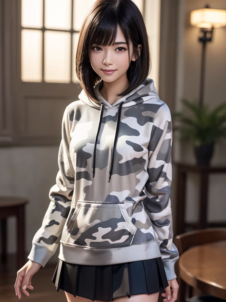 (8k, RAW Photos, highest quality, Tabletop:1.2), (Realistic, Photorealistic:1.4), (Highly detailed 8k wallpaper), Sharp focus, Depth of written boundary, Blur the background, Bokeh, Cinema Lighting, Soft Light, (whole body), 1 girl,18 years old famous Japanese idol, Perfect female body, indoor, (White and grey camouflage hoodie and black micro mini pleated skirt : 1.3), (Long, slender legs), (smile), Glossy lips, Beautiful fine details,Natural Makeup, Shiny and smooth light brown long bob hair, Asymmetrical bangs, Shiny skin, Center image, High resolution, Attention to detail, Detailed hairstyle, Detailed face, 素晴らしいCinema Lighting, Octane Rendering, Vibrant, Ultra-realistic, Perfect limbs, Perfect Anatomy