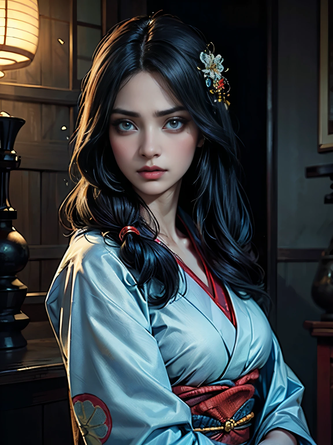 Japanese style、One girl、Princess、Confused、Worried look、long flowing hair、Beautiful and detailed eyes、Beautiful and detailed lips、Beautiful hair ornament、Traditional Japanese Kimono、Intricate details、Dramatic lighting、Cinematic、Fantasy、Digital Art、Extremely detailed、8k、masterpiece、Photorealistic、Dramatic colors、Cinematic照明