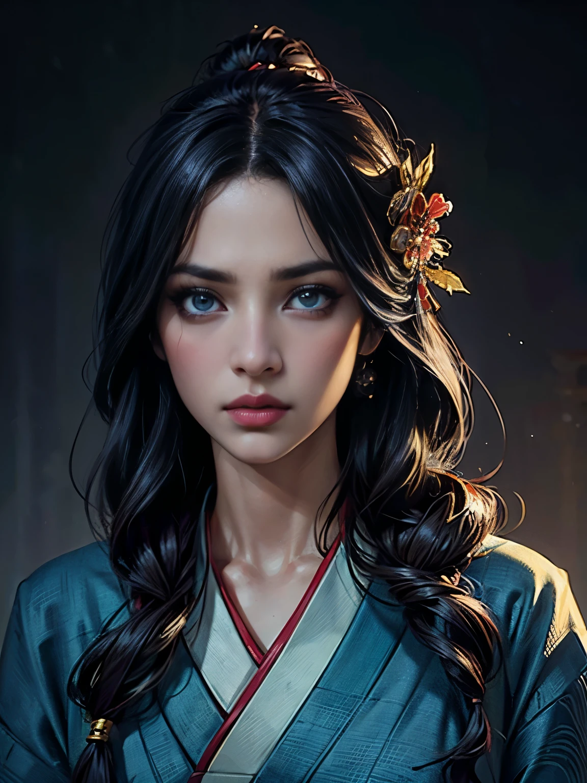 Japanese style、One girl、Princess、Confused、Worried look、long flowing hair、Beautiful and detailed eyes、Beautiful and detailed lips、Beautiful hair ornament、Traditional Japanese Kimono、Intricate details、Dramatic lighting、Cinematic、Fantasy、Digital Art、Extremely detailed、8k、masterpiece、Photorealistic、Dramatic colors、Cinematic照明