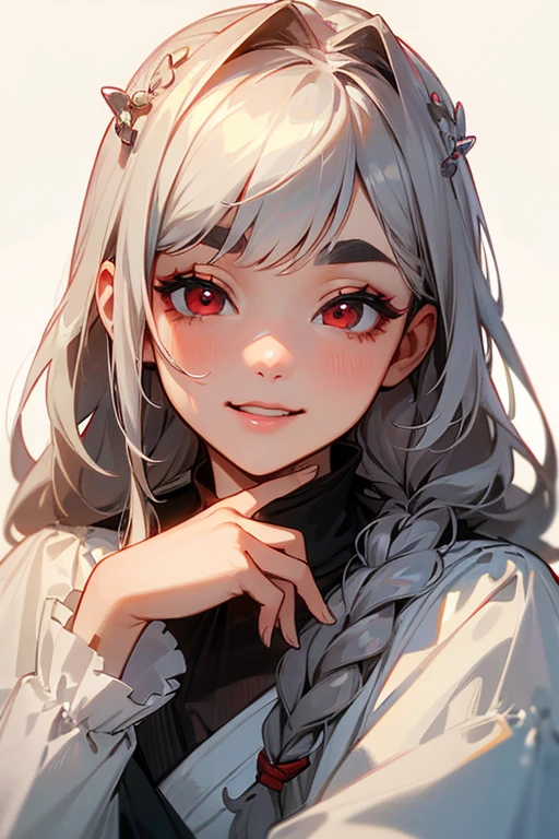 (highest quality, masterpiece:1.2), High resolution, 最高masterpiece、Very detailed, Realistic:1.37, Fantasy, An illustration,Gray Hair、 Red eyes、Queen, White Dress、beautifully、Eyeshadow Red、Thick eyebrows、Long eyelashes、pupils are black、shiny on the lips、Top Sites、Queen、Princess、A kind smile、Show your teeth a little and smile、Soft impression、people々々Loved by、Slimming the face、Shoulder Bare、Sexy braids、Kissing Face、Long white hair、Shaggy Bangs