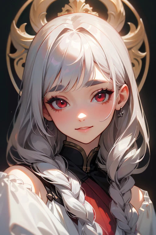 (highest quality, masterpiece:1.2), High resolution, 最高masterpiece、Very detailed, Realistic:1.37, Fantasy, An illustration,Gray Hair、 Red eyes、Queen, White Dress、beautifully、Eyeshadow Red、Thick eyebrows、Long eyelashes、pupils are black、shiny on the lips、Top Sites、Queen、Princess、A kind smile、Show your teeth a little and smile、Soft impression、people々々Loved by、Slimming the face、Shoulder Bare、Sexy braids、Kissing Face、Long white hair、Shaggy Bangs