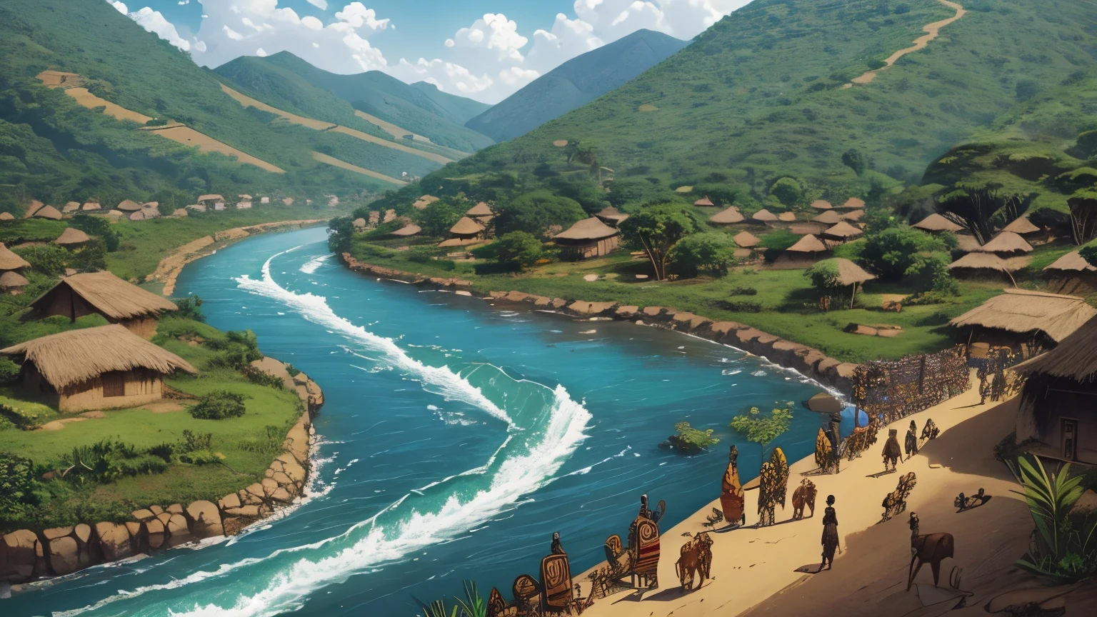 "Illustration of a thriving African village called Karabugu, surrounded by dense forests and sparkling rivers. The villagers go about their business under the oppressive watch of a ruthless king named Mwanga, who is dressed in rich royal clothing and wears an expression of cruelty."