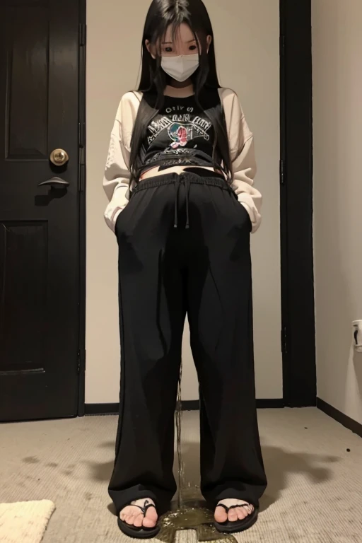 Japanese Girl sees the ghost and pees her black palazzo pants until her pants are wet in fright.