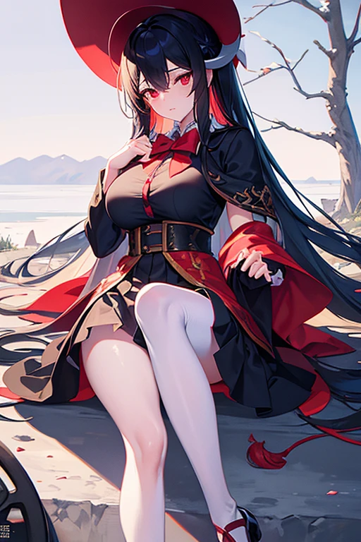 Araffe dressed as a snow White with a red bow and a red bow, Beautiful vampire queen, 臉紅 realistic role play, 《Adventure Treasure》Marceline, anime girl role play, 4K HD snow White hair, Beautiful vampire queen, snow White as a d &D Fighter, snow White, anime role play, role play, Vampire Camilla, Has long black hair, on the street,Torn clothes,big breasts big areolamasterpiece, best quality, high quality, Very detailed CG uniform 8k wallpaper, blossoming landscape, dry place,such as an empty desert, dearest, cunning, mono lake, common tree, 3D digital painting, Award-winning photography, Bokeh, Depth of Field, HDR, bloom, Chromatic Aberration, Reality, Very detailed, Popular on artstation, Popular on CGsociety, Wheels within wheels, High Detail, Dramatic, midjourney's Artwork 1Girl, (Dakota:1.0), blue eyes, Pixie Short Hair, blush, Human Resources Bikini (Large Breasts:1.0), (Large areola:1), , (Pure face_V1:0.5) Increase height Clothes got wet