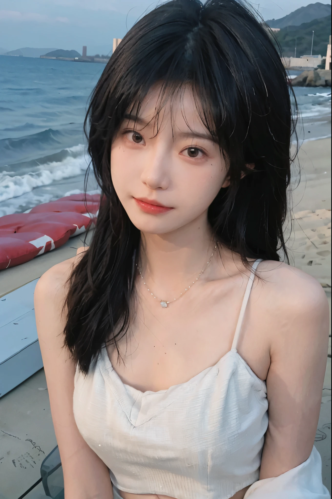 Best quality，Ultra-high resolution，（lifelike：1.4），Cute hairpin，2girll，Long curly hair，jk，Blush，Slim beauty：1.4，Visible abdominal muscles，on the beach，Ultra-fine face，Exquisite eyes，Double eyelids，necklace