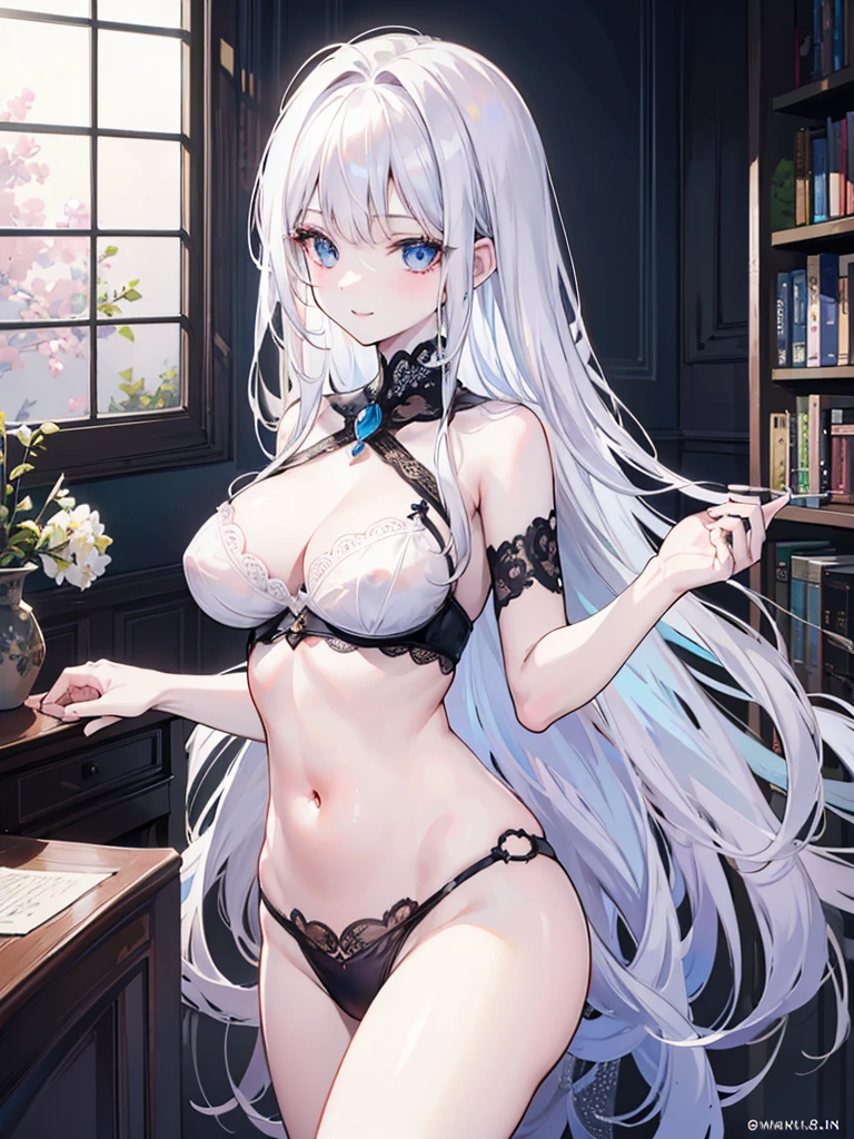 On the table, best quality, (Perfect face:1.1), (High Detail:1.1), (Ultra-fine eyes), Dramatic,  Ultra-detailed illustrations, Very detailed, 1 Girl, (Pale skin), Long white hair, Ethereal eyes, (light frow), ((Lovely smile)), Solitary, long hair, Pursed lips, A proud expression, movie lighting, looking at the audience, Cowboy shooting, from the side,Room,bedhead,window,night,Navel