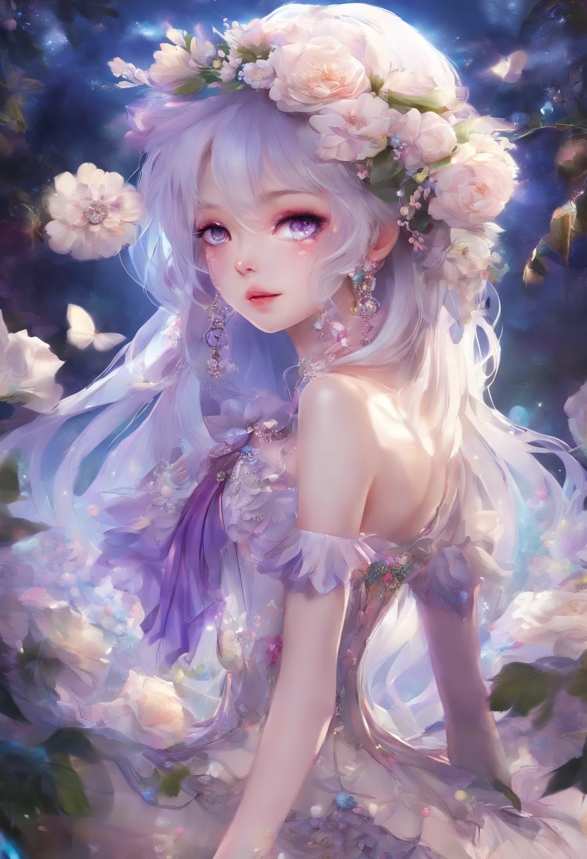 masterpiece, best quality, Extremely detailed 8k wallpaper, 1 Girl, outdoor, Helena(Azur Lane),strapless skirt, skirt, layered skirt,White flowers, Hair accessories, Purple Eyes, (Necklace), Outline, (Black gloves), Bare Legs,