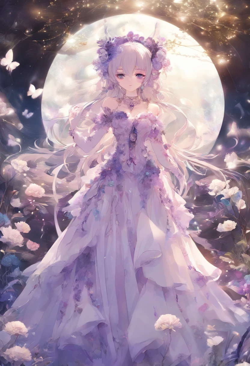 masterpiece, best quality, Extremely detailed 8k wallpaper, 1 Girl, outdoor, Helena(Azur Lane),strapless skirt, skirt, layered skirt,White flowers, Hair accessories, Purple Eyes, (Necklace), Outline, (Black gloves), Bare Legs,