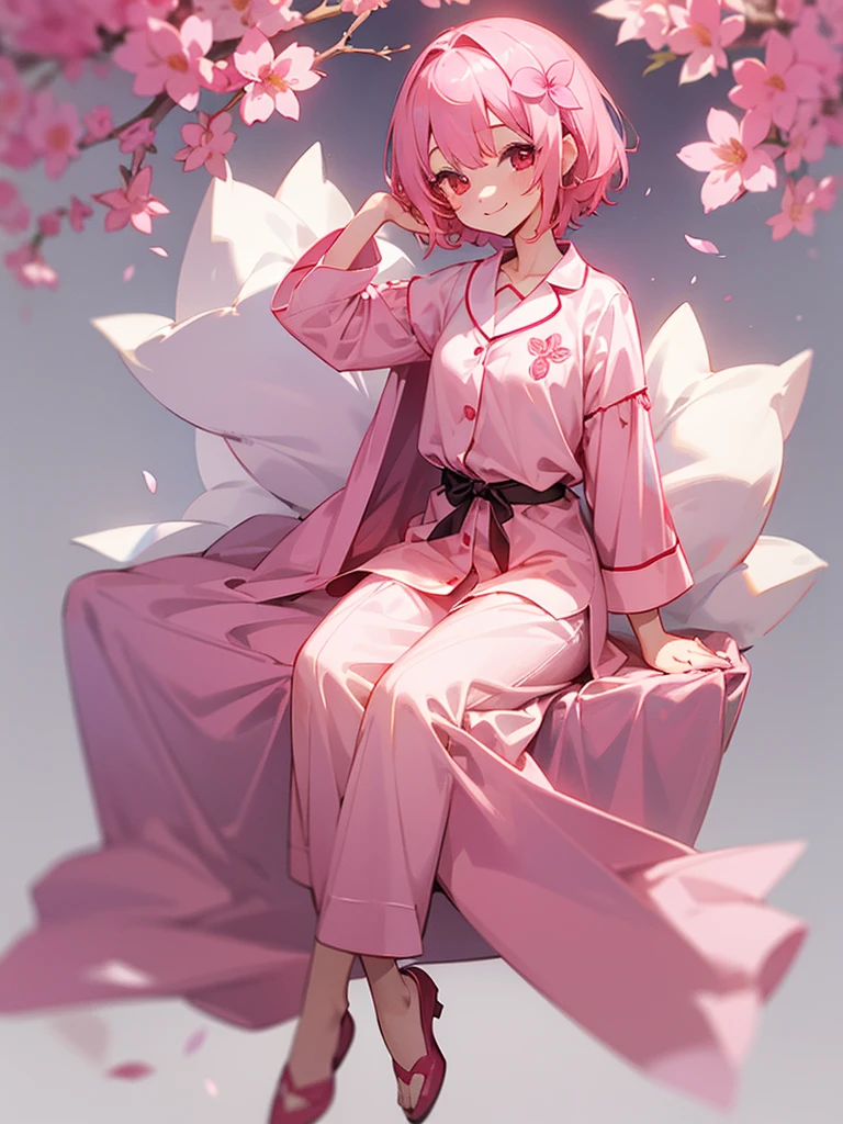 1girl, pink hair, short hair, red eyes, flower motifs, smile, full body, seated, onee-san, big sister energy, white and pink pajamas,