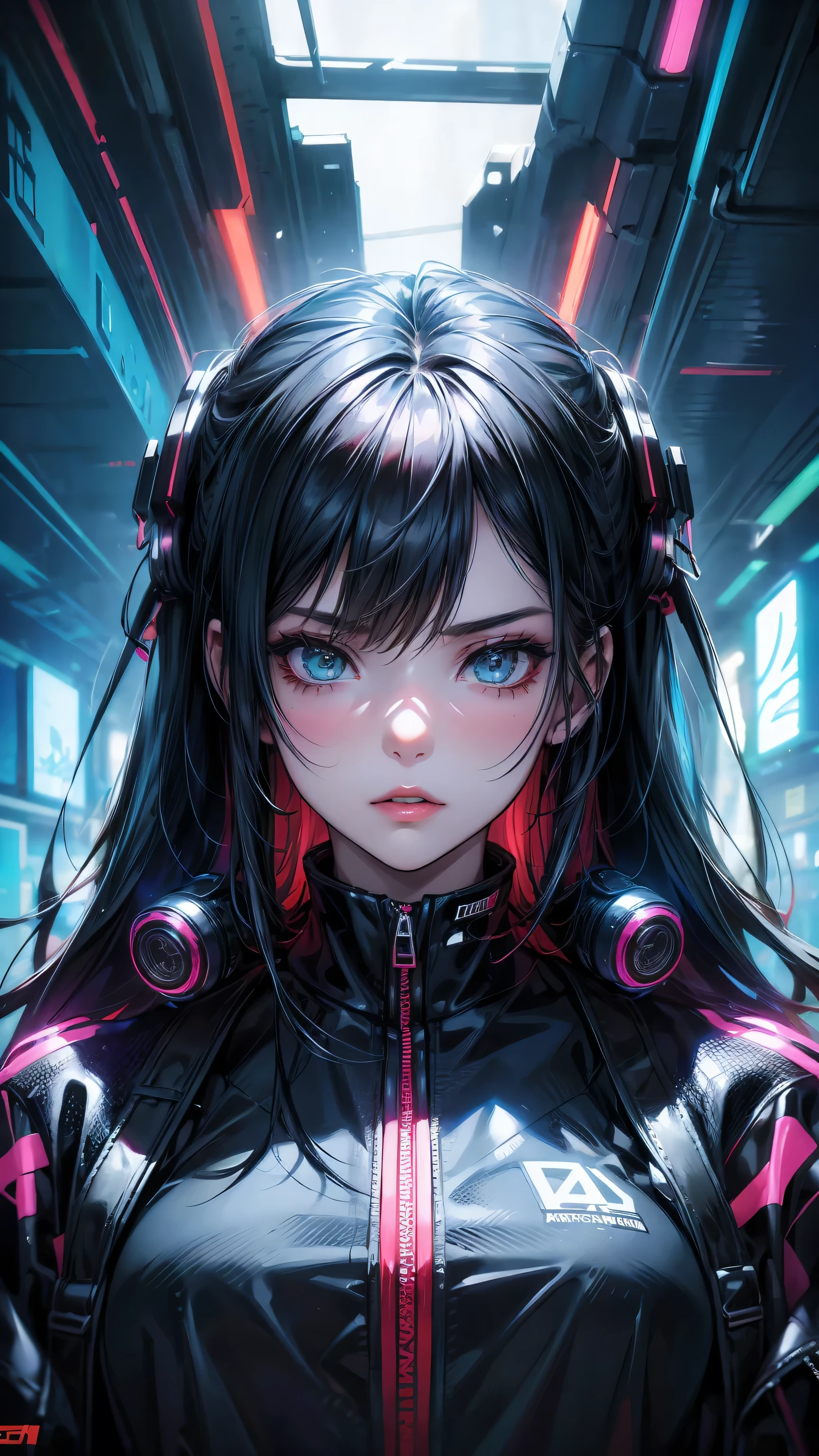 Wear sophisticated streetwear in a cyberpunk style, beautiful, girl, detailed portrait, 4K, Vibrant colors, concept art, Theatrical atmosphere, Clear focus, Volumetric Lighting, movie lighting, Studio Quality