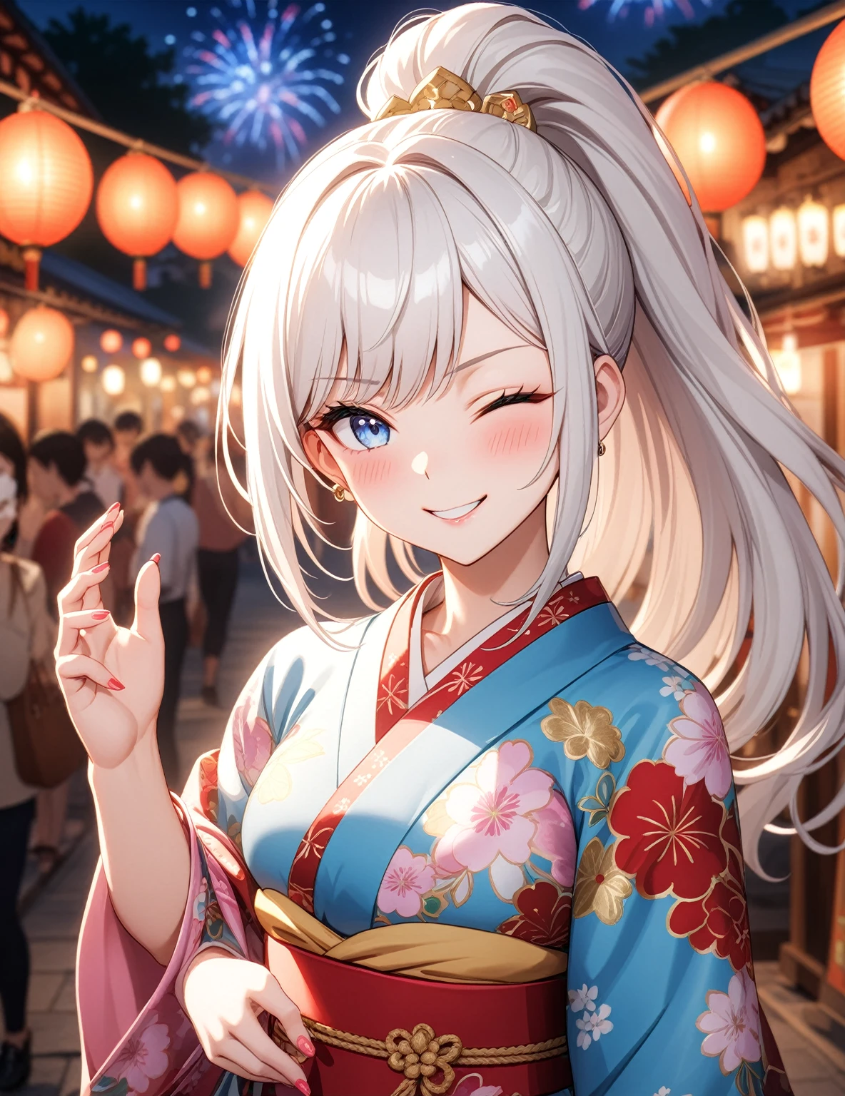 ((one personの女性)), Beautiful Face,Happy expression,Laugh embarrassedly,((Wink:2.0)),turn bright red,Glossy pink lips,French Nails,night,Shrine festival sexpensives,firework, ((Anime style background)),masterpiece, highest quality, so beautiful, Latest, Complex details, (Pink long nails),AI-generated, Complex,High resolution, highest quality, super high quality,3D Images、View your viewers、3D Images,one person,Long white hair,High Ponytail,blue eyes,Anime woman posing for a photo, [[Fine grain、Colorful eyes、Shining Eyes:1.15]],(Squint your eyes:1.1),a hyperRealistic , hyperRealistic , Realistic,Long haired white hair anime woman, Smooth anime CG art, A woman in a colorful kimono with gold embroidery, (Black kimono),Red floral pattern,Long flower hair ornament,Big earrings,Choker with charm,(Big Breasts:1.4),Mature Body,expensive,Big Ass,Fine details,Tight waist,Abdominal muscles,Tilt your face,Put your hands on your face