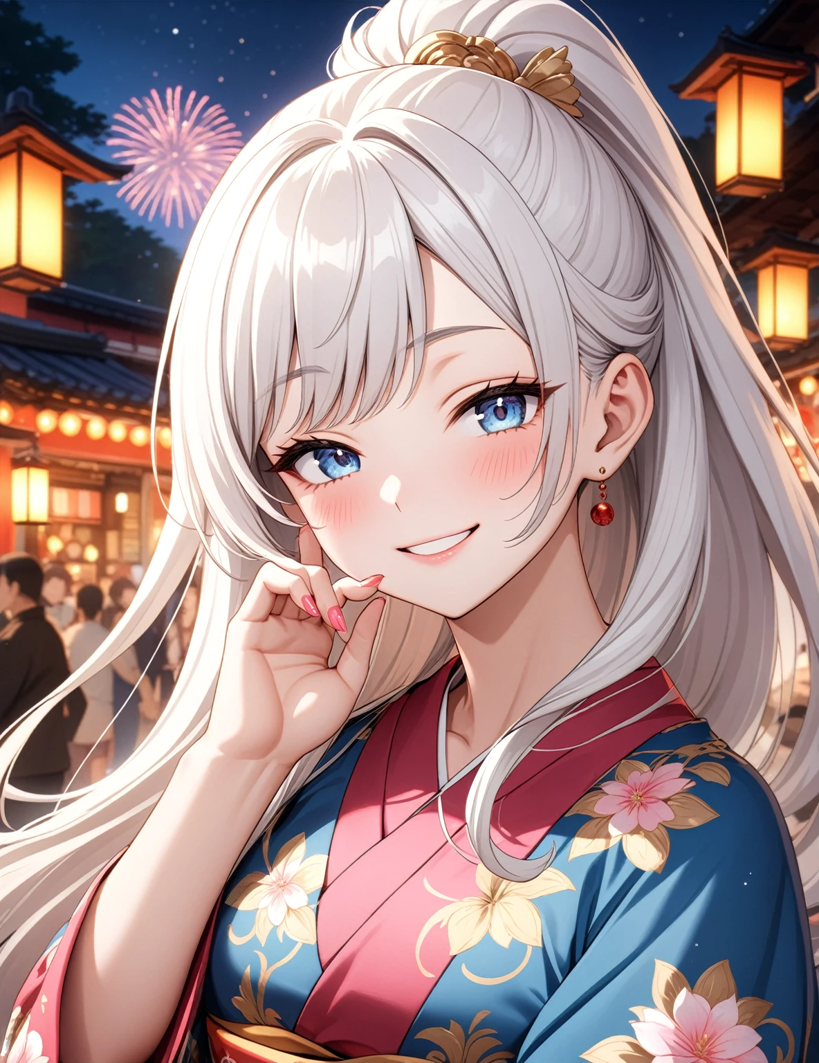 ((one personの女性)), Beautiful Face,Happy expression,Laugh embarrassedly,((Wink:2.0)),turn bright red,Glossy pink lips,French Nails,night,Shrine festival sexpensives,firework, ((Anime style background)),masterpiece, highest quality, so beautiful, Latest, Complex details, (Pink long nails),AI-generated, Complex,High resolution, highest quality, super high quality,3D Images、View your viewers、3D Images,one person,Long white hair,High Ponytail,blue eyes,Anime woman posing for a photo, [[Fine grain、Colorful eyes、Shining Eyes:1.15]],(Squint your eyes:1.1),a hyperRealistic , hyperRealistic , Realistic,Long haired white hair anime woman, Smooth anime CG art, A woman in a colorful kimono with gold embroidery, (Black kimono),Red floral pattern,Long flower hair ornament,Big earrings,Choker with charm,(Big Breasts:1.4),Mature Body,expensive,Big Ass,Fine details,Tight waist,Abdominal muscles,Tilt your face,Put your hands on your face